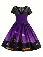 Girl's Halloween Lace Sleeve A Line Dress Costume