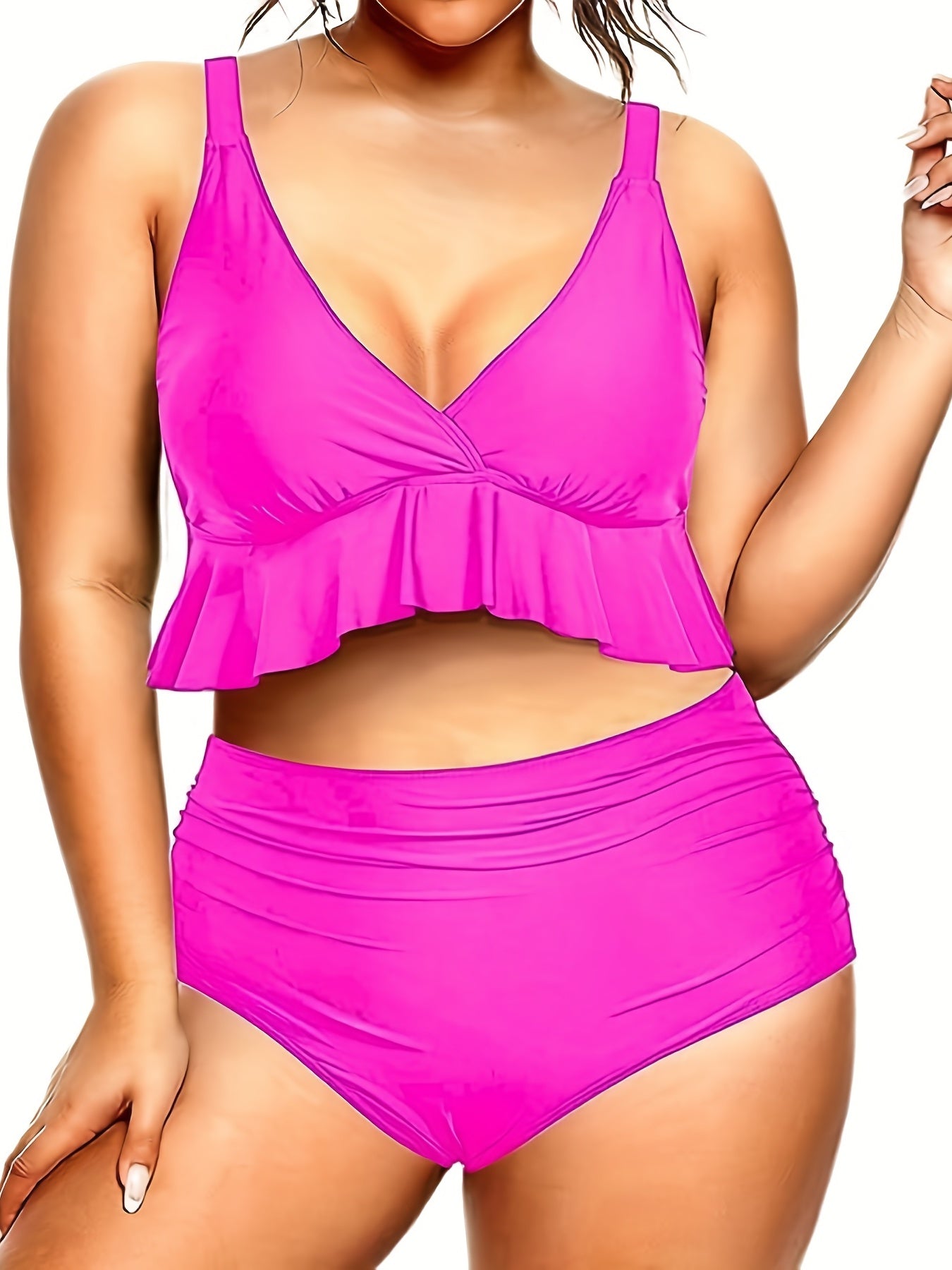  Sexy Bikini Set V Neck Ruffle Crop Top & Ruched Panty Swimsuit