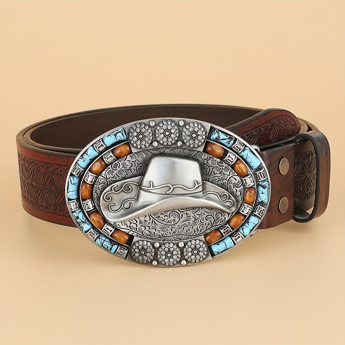 Western Cowboy Vintage Belt Embossed Leather Belt Bohemian Style Hat Buckle