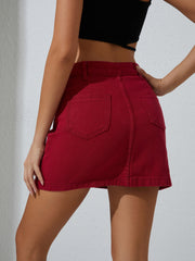 Red Mini Denim Skirt Zipper Button Closure Slash Pocket Mid Waist