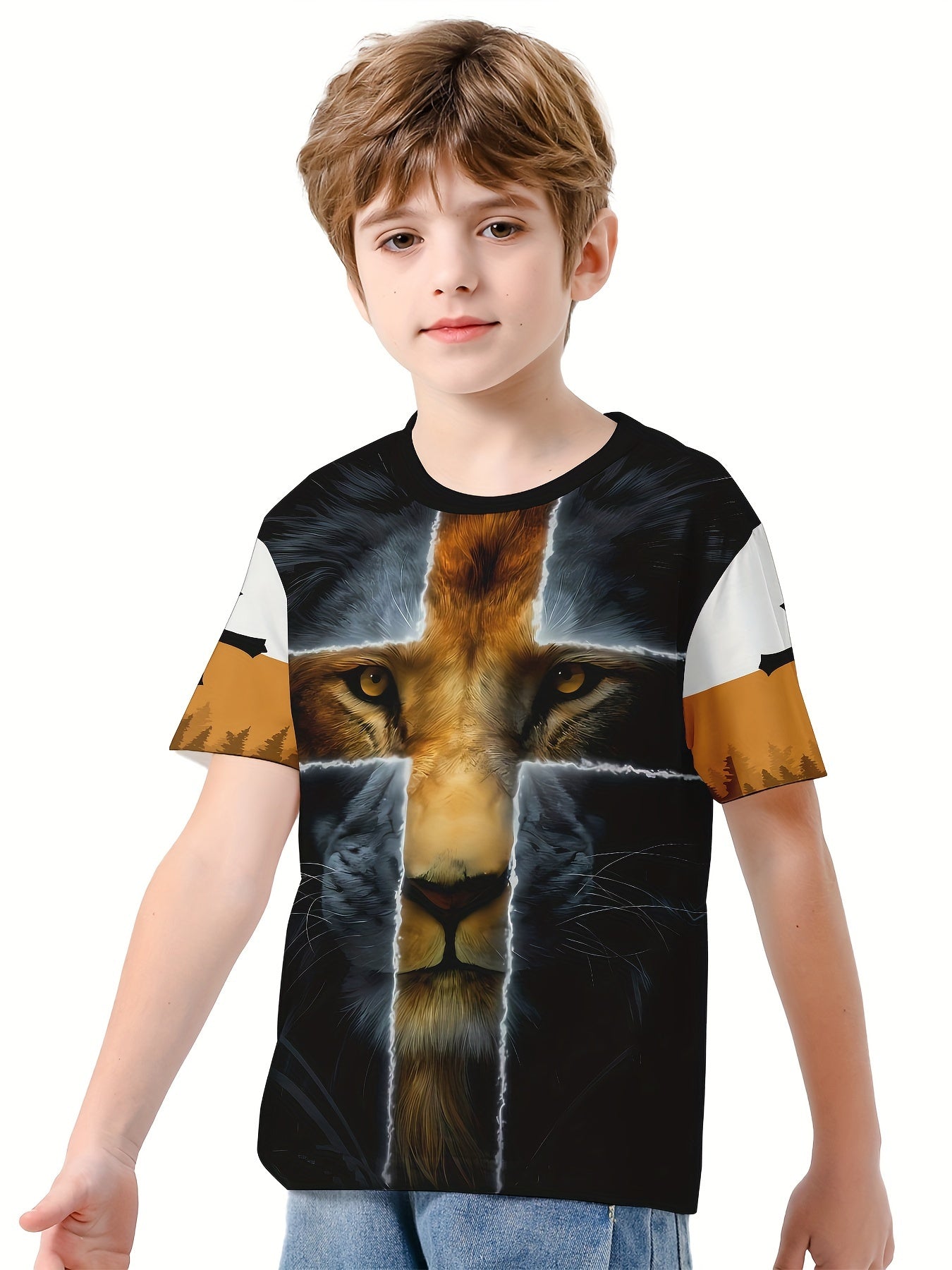 Lion Cross 3D Print Boys T-shirt Summer Lightweight Round Neck Top