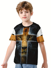Lion Cross 3D Print Boys T-shirt Summer Lightweight Round Neck Top