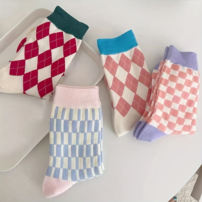 4 Pairs Plaid Colorblock Socks Soft Mid Tube Women Stockings