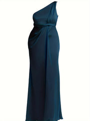  Bridesmaid Dress Solid One Shoulder Maxi Formal Dress