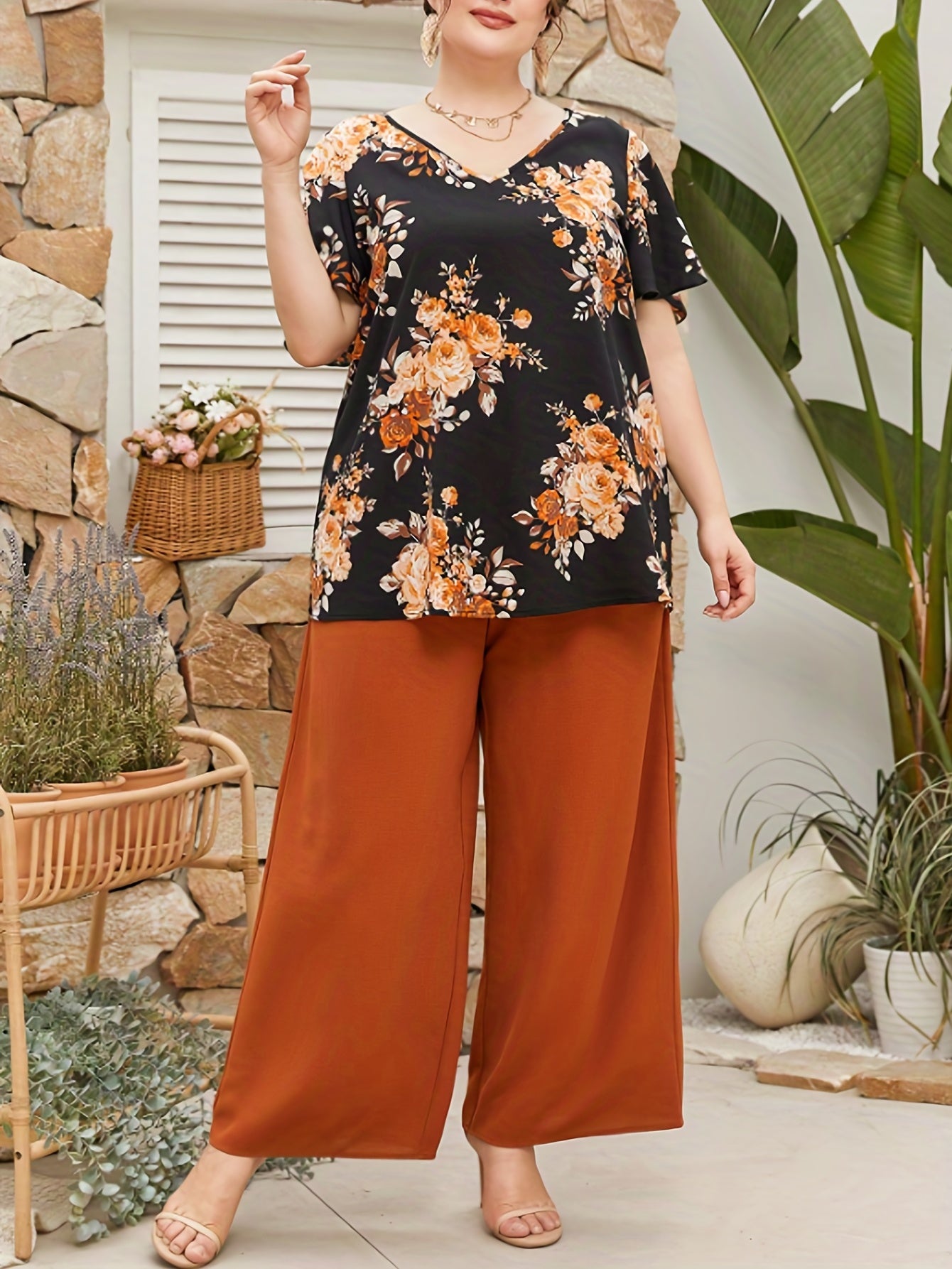 Floral Print Top & Wide Leg Pants Set Plus Size