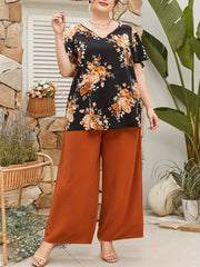 Floral Print Top & Wide Leg Pants Set Plus Size