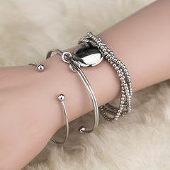 3pcs Set Silver Knotted Beaded Multilayer Bracelet Two Bangles One Bracelet