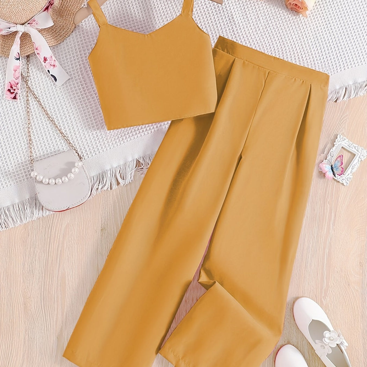 2 Pcs Girls' Cropped Cami Shirt & High Waist Trousers Set For Party