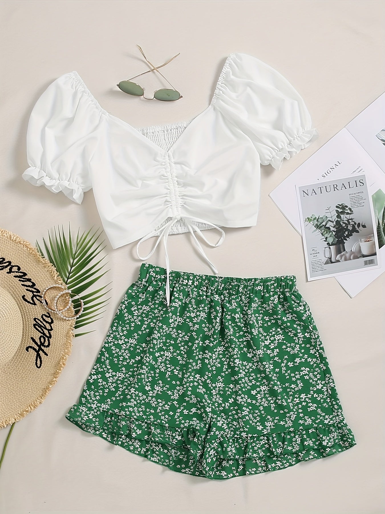 Casual Two Piece Set Drawstring Puff Sleeve Tops & Floral Print Elastic Shorts