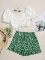 Casual Two Piece Set Drawstring Puff Sleeve Tops & Floral Print Elastic Shorts