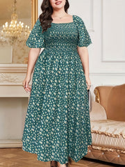  Boho Dress Ditsy Print Puff Sleeve Square Neck
