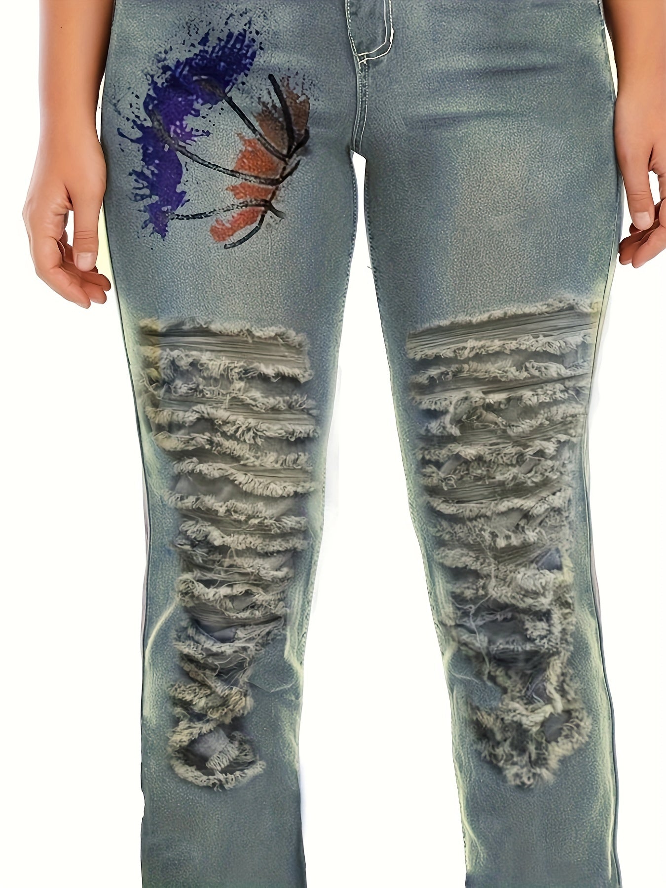  Retro Jeans Women's Plus Graphic Distressed Straight Leg Jeans