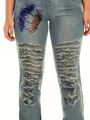  Retro Jeans Women's Plus Graphic Distressed Straight Leg Jeans