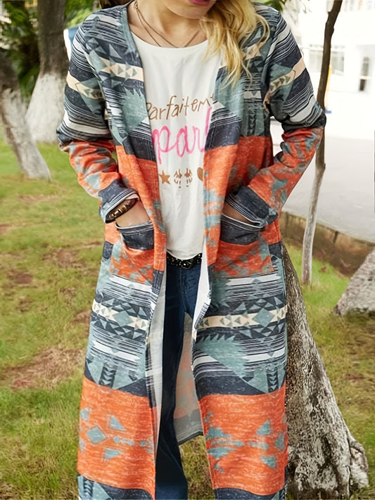  Casual Cardigan Women's Plus Geo & Stripe Print Long Sleeve
