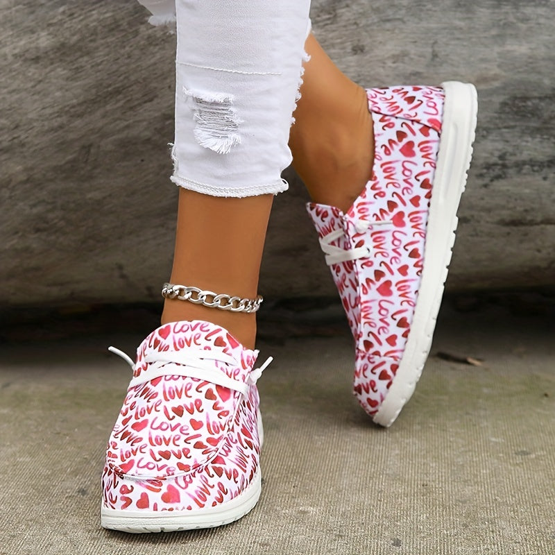 Women's Heart & Letter Printed Lace Up Flat Shoes
