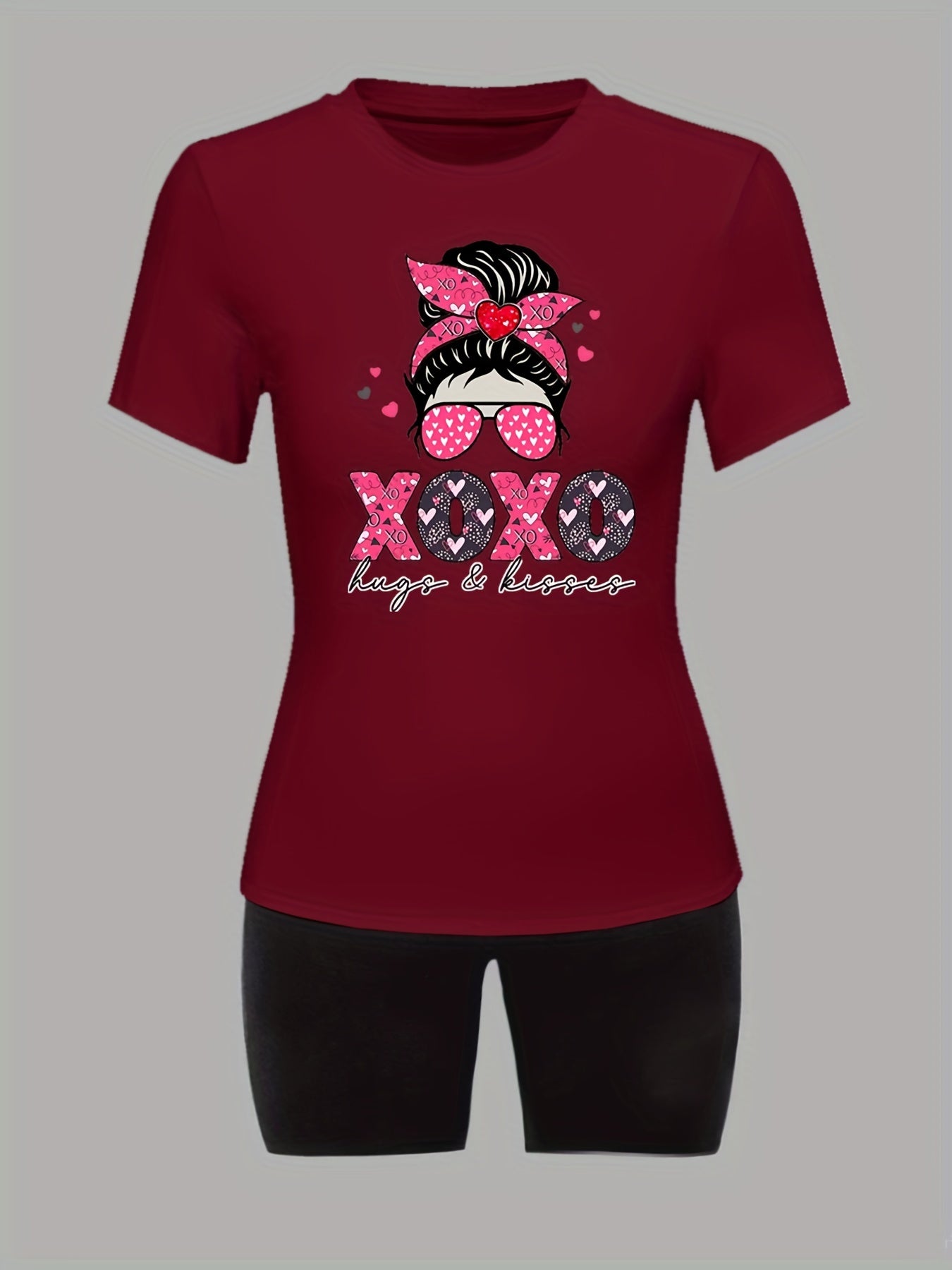  Cartoon Figure & Letter Print Tee & Biker Shorts Outfit Set