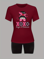  Cartoon Figure & Letter Print Tee & Biker Shorts Outfit Set