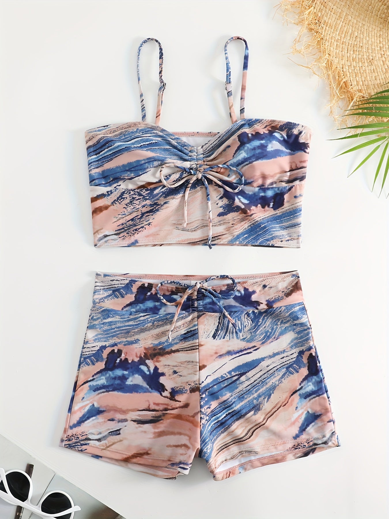 Bow Tie Bikini Set Spaghetti Straps High Waist Boxer Shorts 2 Pieces