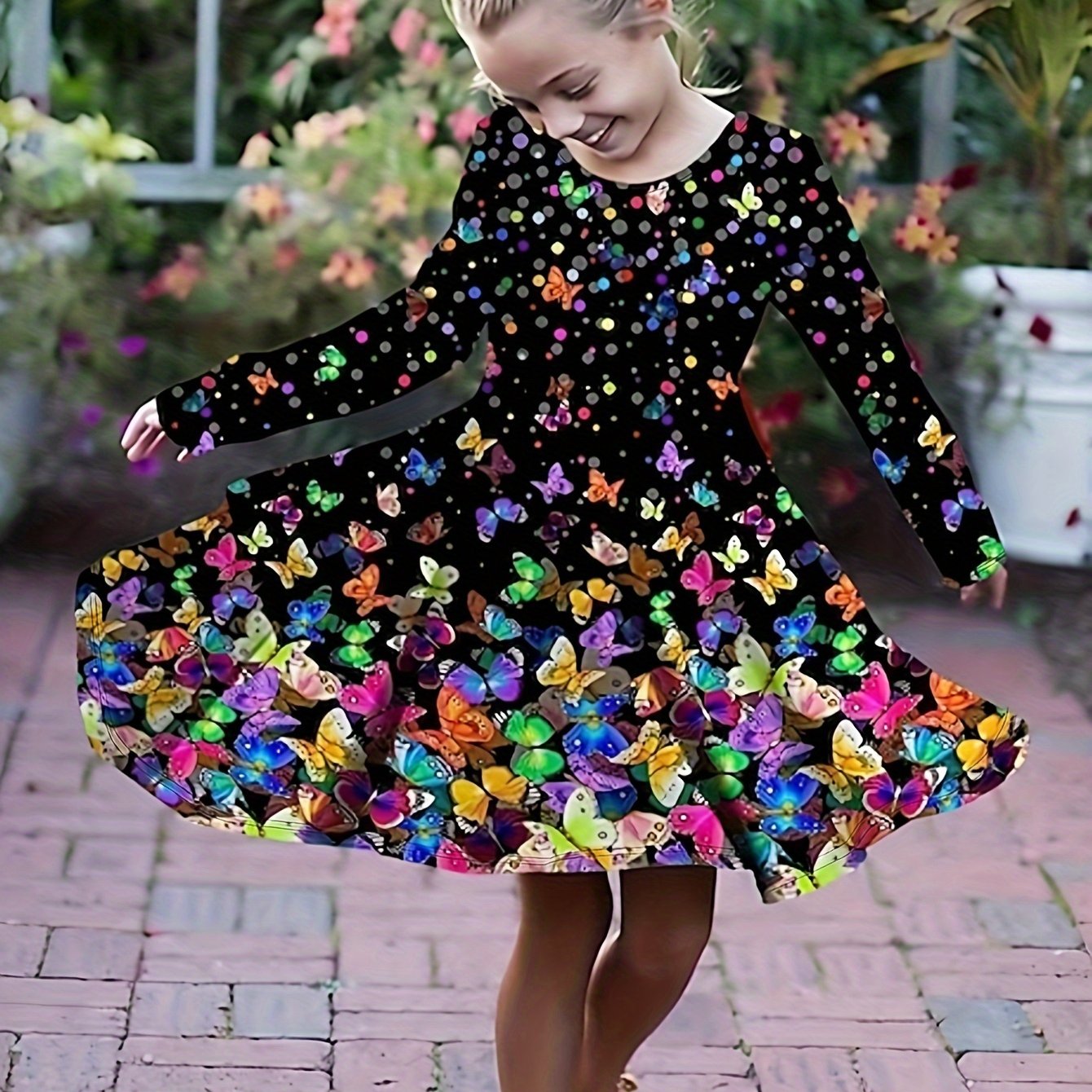 Rainbow Butterfly Long Sleeve Dress Girls Crew Neck Spring Fall