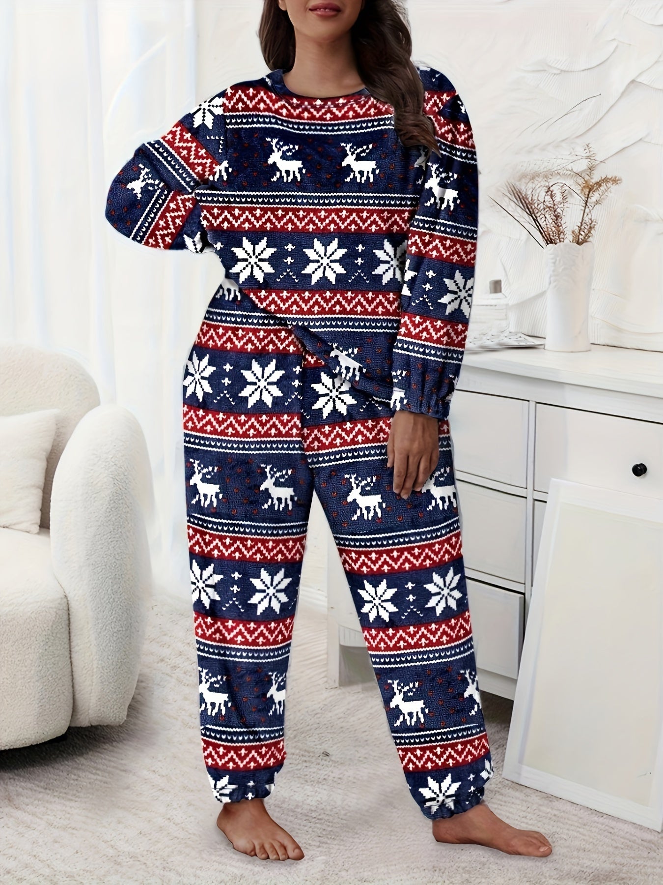  Christmas Loungewear Set Women's Plus Geo Snowflake & Elk Print Flanne