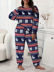  Christmas Loungewear Set Women's Plus Geo Snowflake & Elk Print Flanne