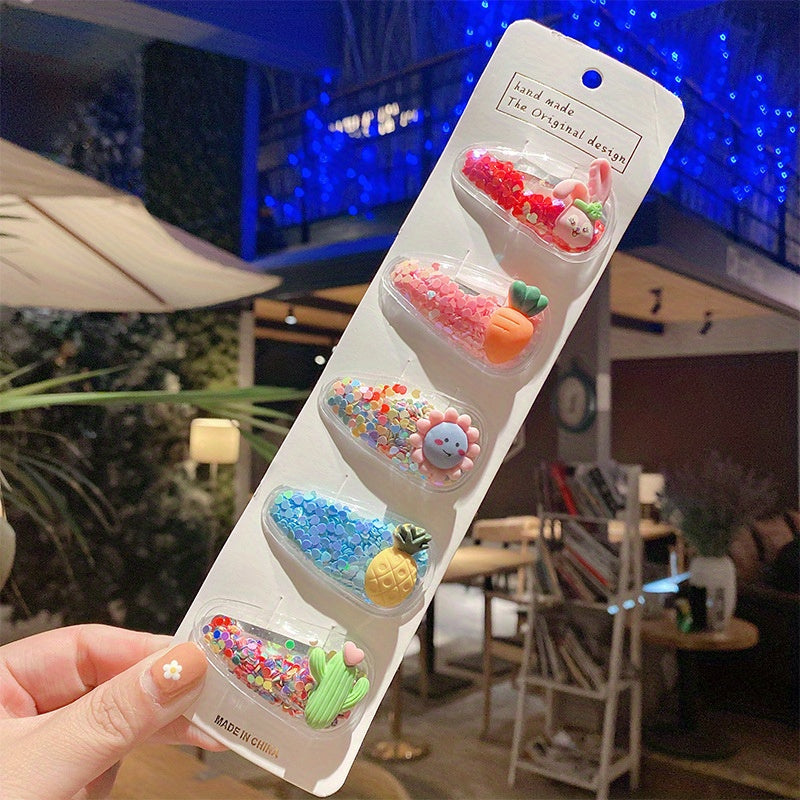 5 Pcs Sparkle Fruit Snap Hair Clips for Girls - Quicksand Bling Sequin Hairpins