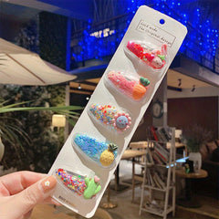 5 Pcs Sparkle Fruit Snap Hair Clips for Girls - Quicksand Bling Sequin Hairpins