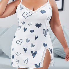  Heart Print Lace Trim Split Cami Sleep Dress