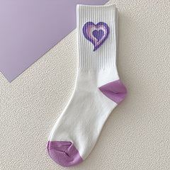 6 Pairs Heart Print Mid Tube Socks Women's Stockings