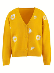 Daisy Pattern Embroidered Knitted Cardigan Sweater for Women