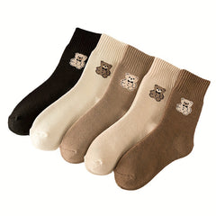 5 Pairs Bear Print Socks Comfy Mid Tube Women's Stockings