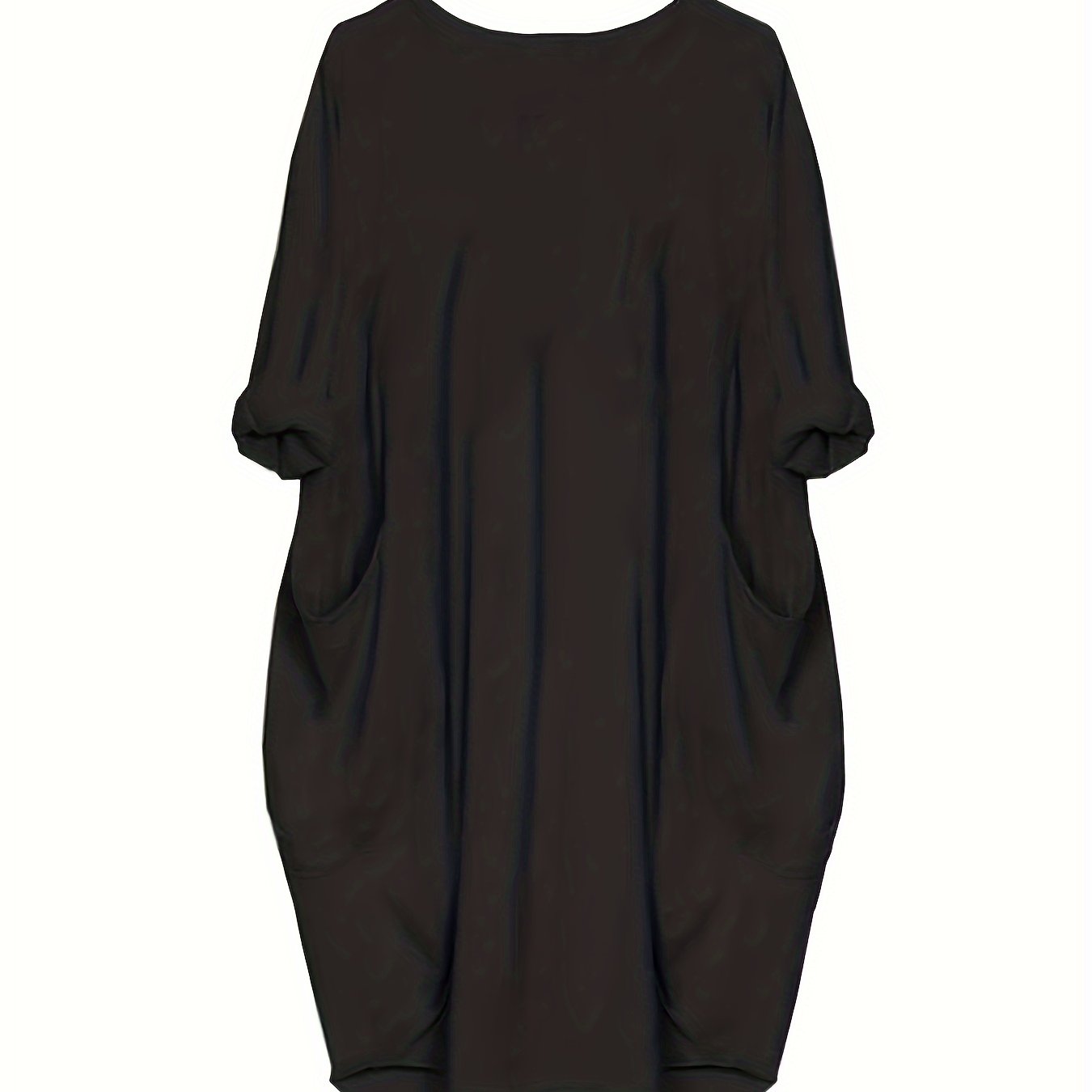  Solid Long Sleeve Round Neck Dress With Pockets