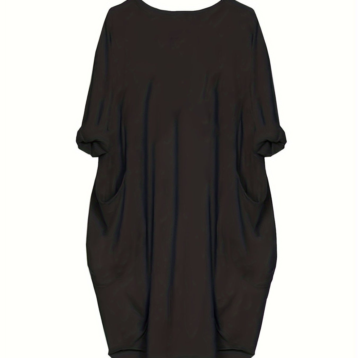  Solid Long Sleeve Round Neck Dress With Pockets