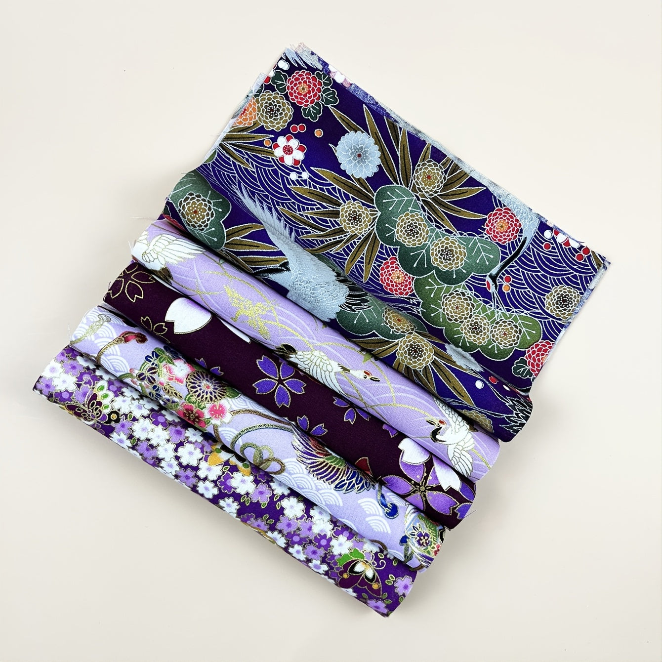 5pcs Purple Cotton Flower Printed Cheongsam Kimono Dress Fabric