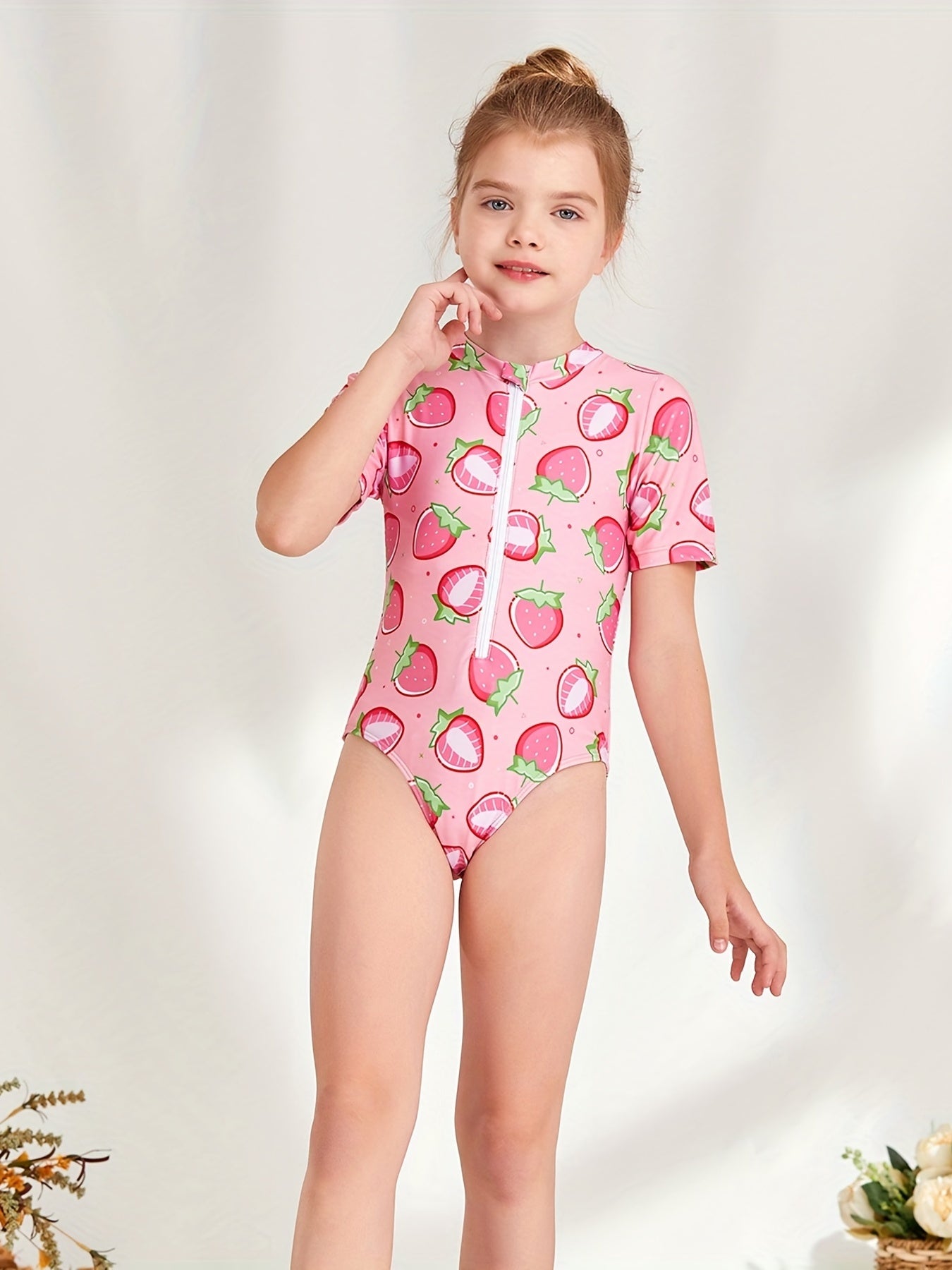 Girl's Strawberry Pattern Onesie Swimsuit Tankini Short Sleeve Bathing Suit