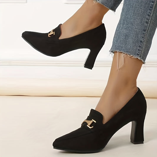 Women's Chunky Heeled Pumps Pointed Toe Slip On High Heels Dress Shoes