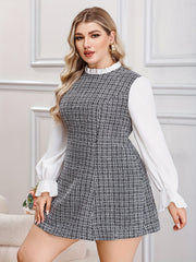  Colorblock Plaid Lantern Sleeve Mini Dress