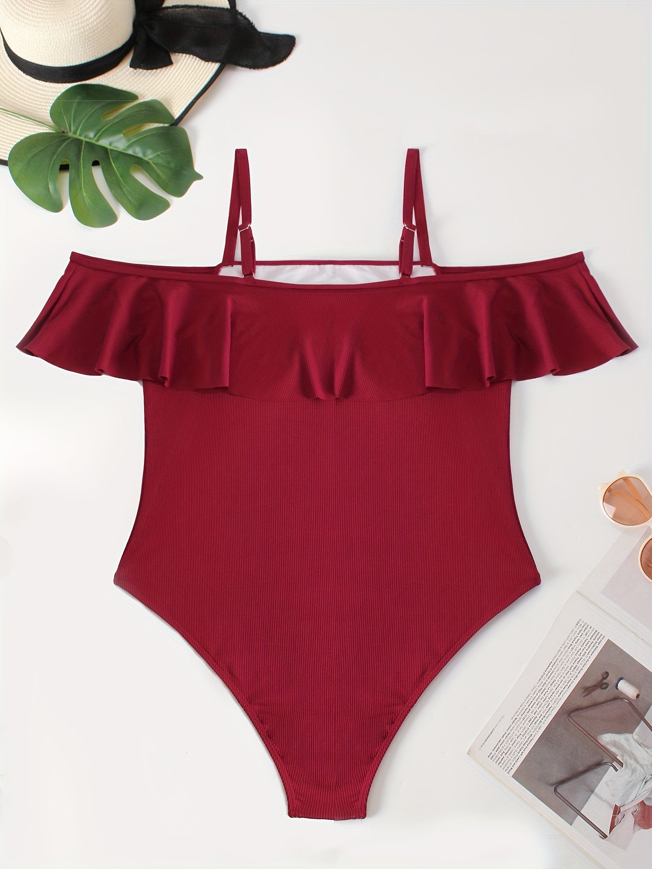  Swimsuit Women's Plus Cold Shoulder Ruffle Trim One Piece