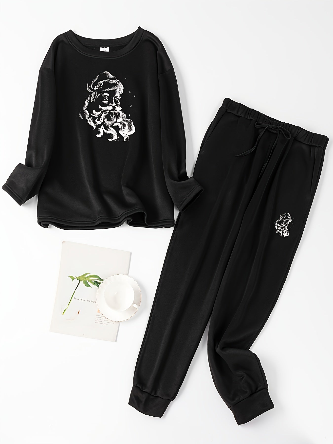  Christmas Lounge Set Women's Santa Fleece Top & Joggers Pajamas
