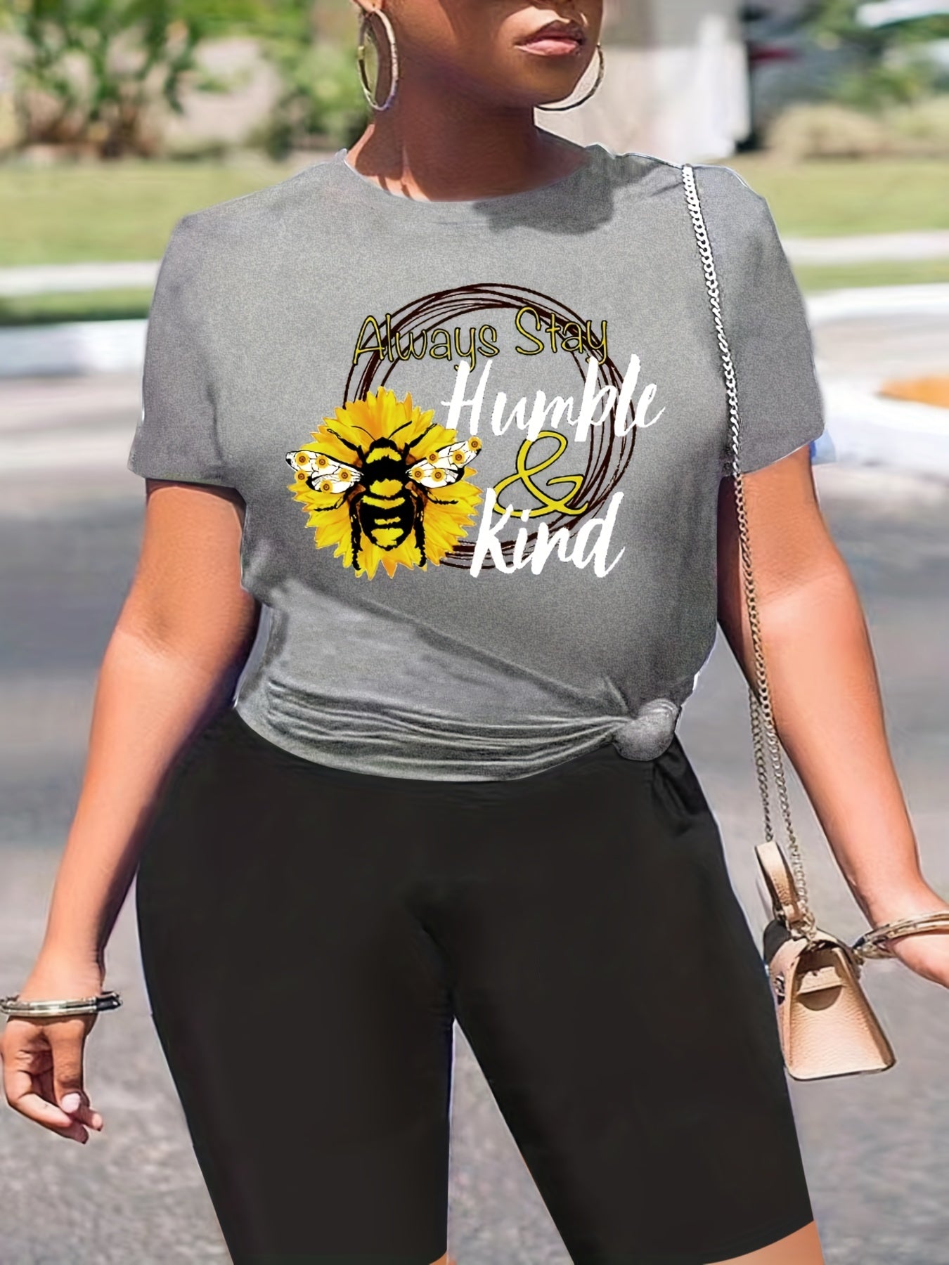  Bee & Slogan Print Tee & Biker Short Set
