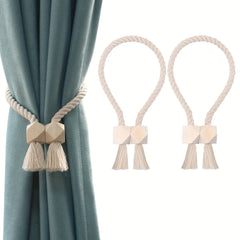 2pcs Hand Woven Wooden Magnetic Curtain Tiebacks for Bedroom and Living Room