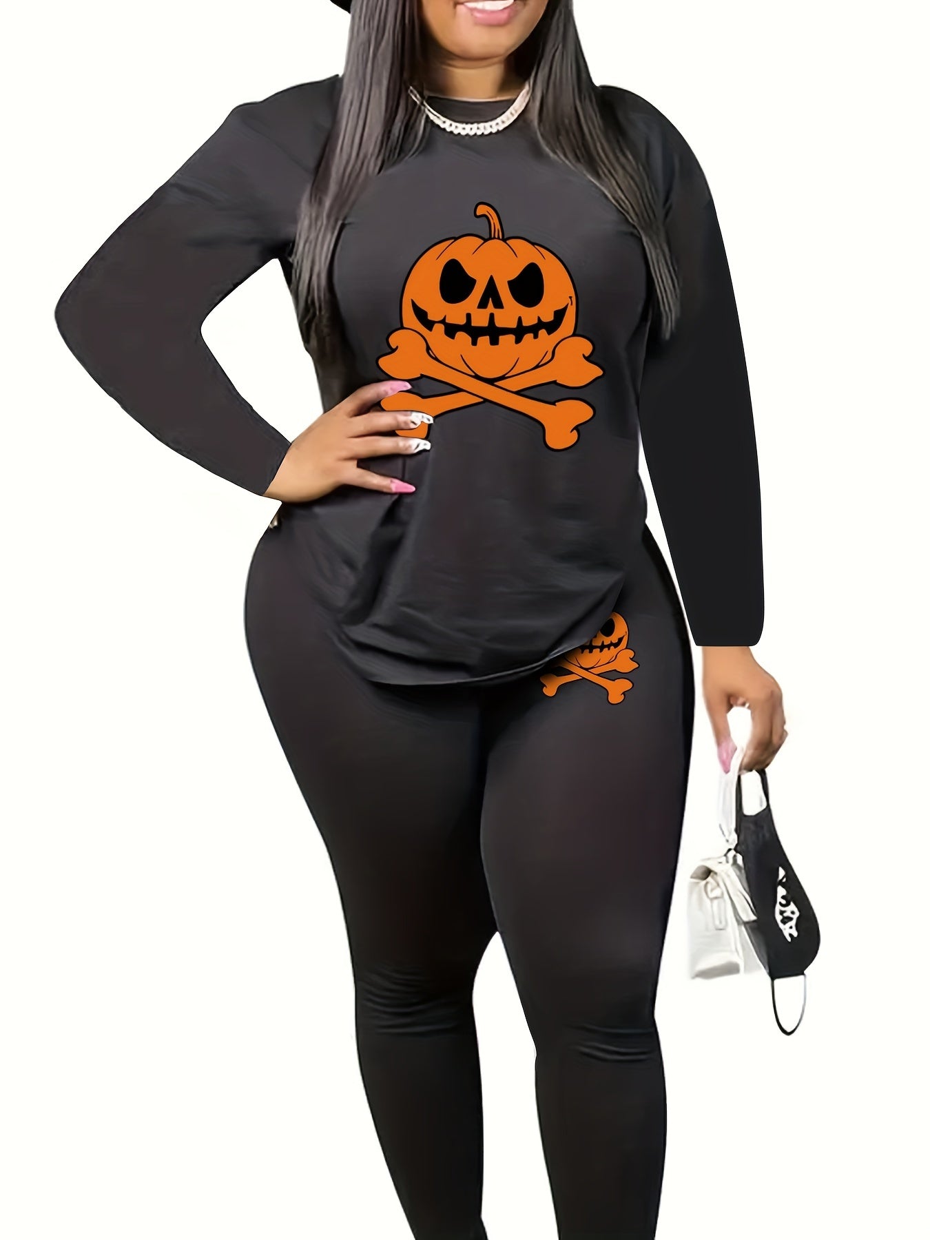  Halloween 2pcs Set Women's Plus Graphic Print Tee & Leggings Set