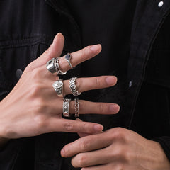 7-Piece Retro Hollow Love Element Charm Set Rings for Men