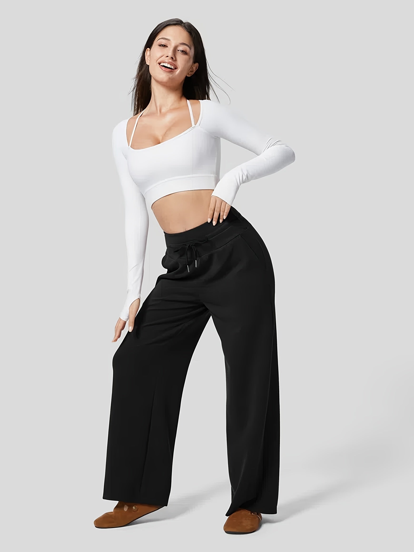 Solid Baggy Wide Leg Casual Pants With Pocket