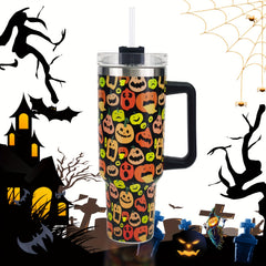 Halloween Pumpkin Print Tumbler 40oz Car Cup with Straw & Handle