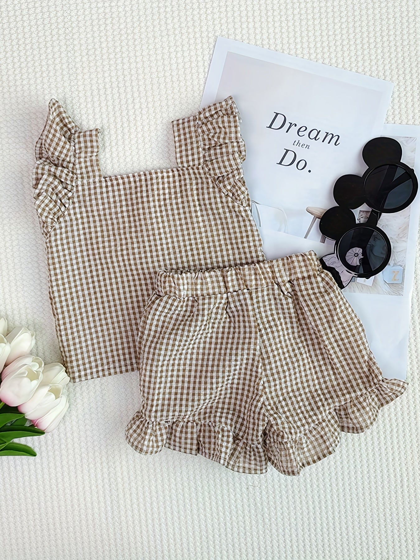 Plaid Ruffle Trim Top With Shorts Set for Baby Girls