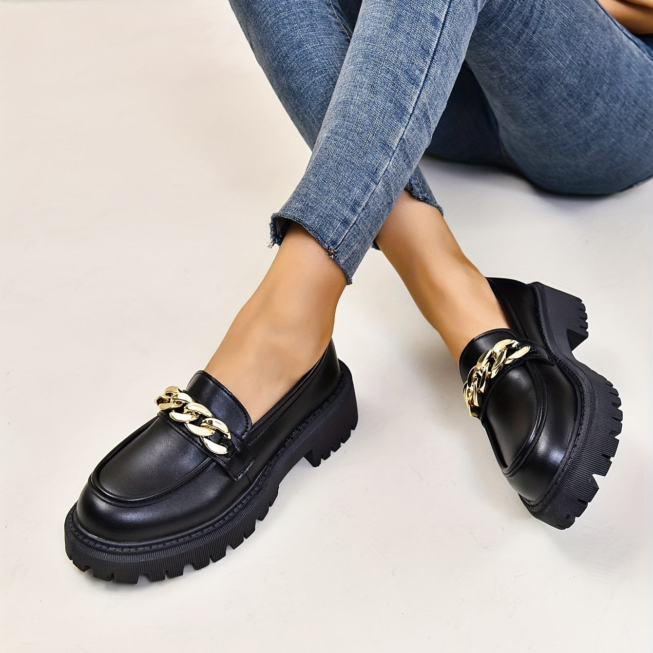 Women's Chain Decor Chunky Heel Loafers Slip On Faux Leather Shoes