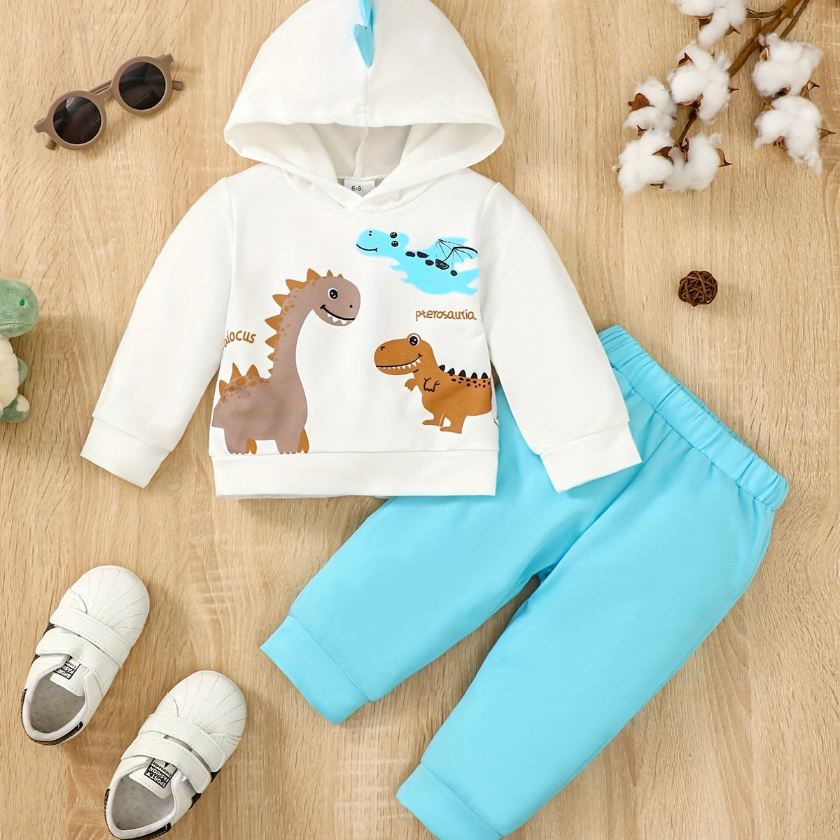 Dino Print Hooded Pullover & Pants Set Child's Casual Outfit