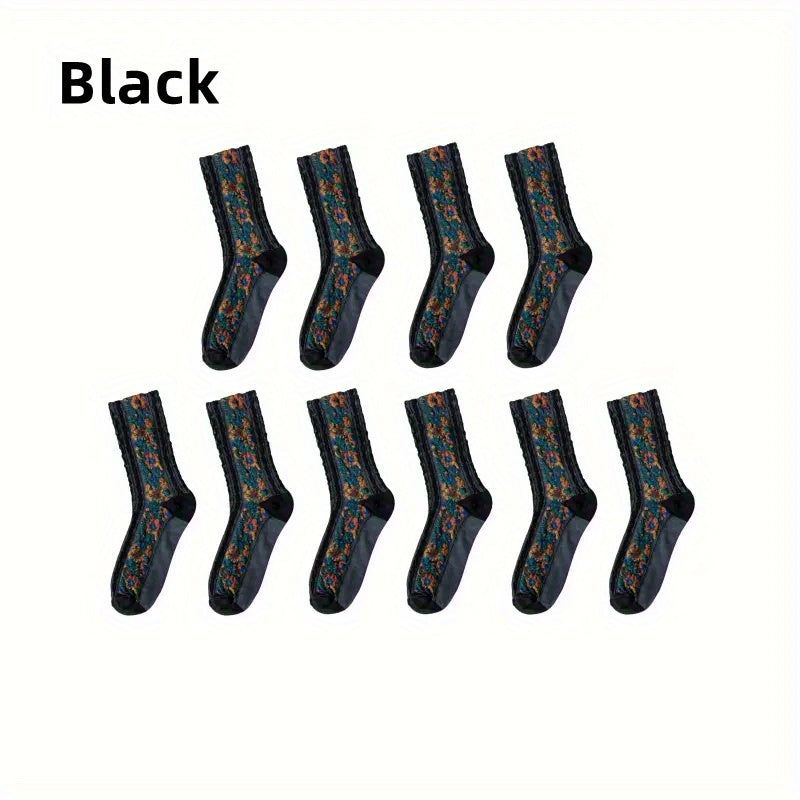 Floral Print Socks Retro Court Style Mid Tube Women's Stockings