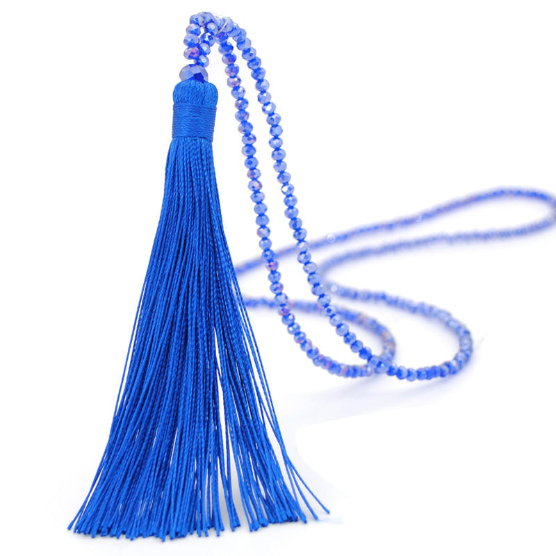 Multicolor Crystal Beaded Necklace Tassel Pendant Long Sweater Chain